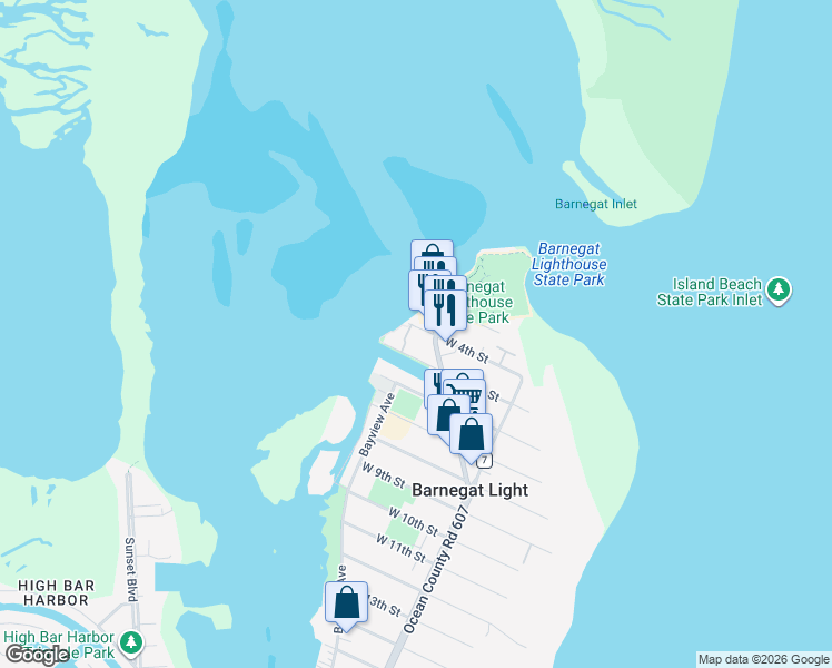 map of restaurants, bars, coffee shops, grocery stores, and more near 40 West 4th Street in Barnegat Light
