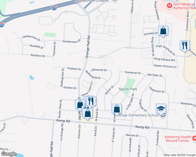 map of restaurants, bars, coffee shops, grocery stores, and more near 3795 Butterfield Drive in Beavercreek