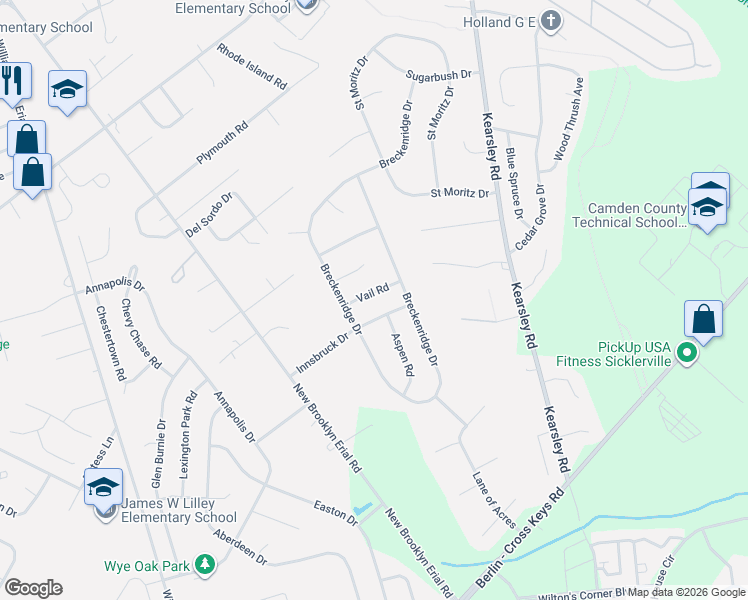 map of restaurants, bars, coffee shops, grocery stores, and more near 8 Vail Road in Sicklerville