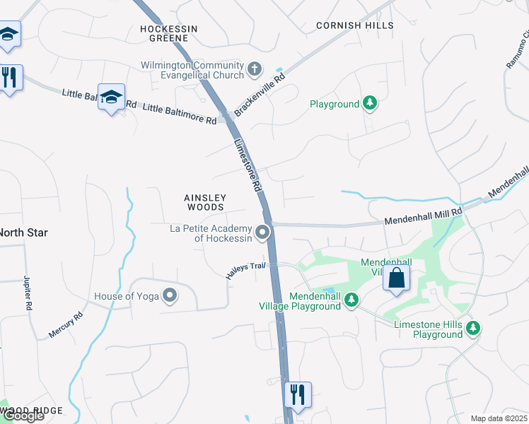 map of restaurants, bars, coffee shops, grocery stores, and more near Limestone Road in Newark