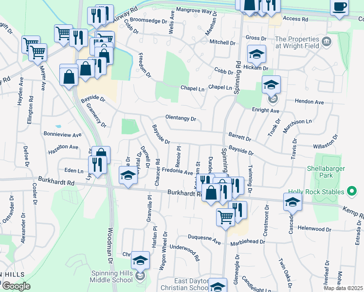 map of restaurants, bars, coffee shops, grocery stores, and more near 5272 Bayside Drive in Dayton
