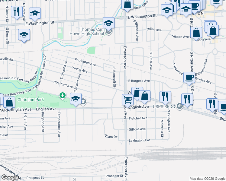 map of restaurants, bars, coffee shops, grocery stores, and more near 4999 South Brookville Road in Indianapolis