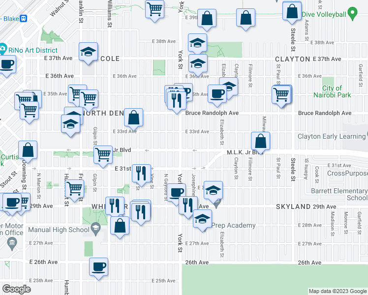 map of restaurants, bars, coffee shops, grocery stores, and more near 3202 York Street in Denver