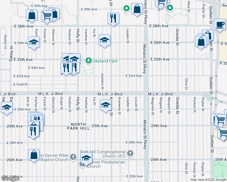 map of restaurants, bars, coffee shops, grocery stores, and more near 6101 Martin Luther King Junior Boulevard in Denver