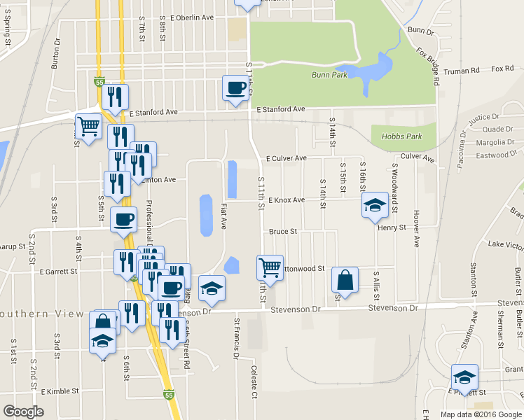 map of restaurants, bars, coffee shops, grocery stores, and more near 2928 South 11th Street in Springfield