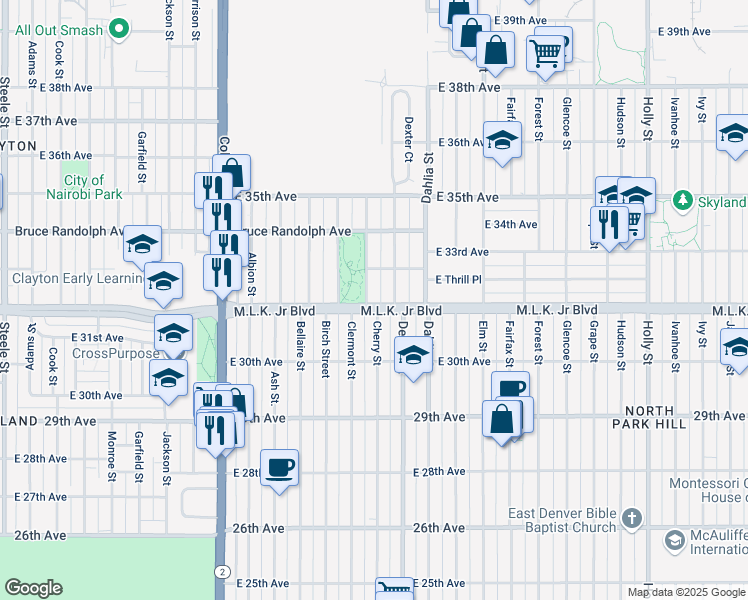 map of restaurants, bars, coffee shops, grocery stores, and more near 4601 Martin Luther King Junior Boulevard in Denver