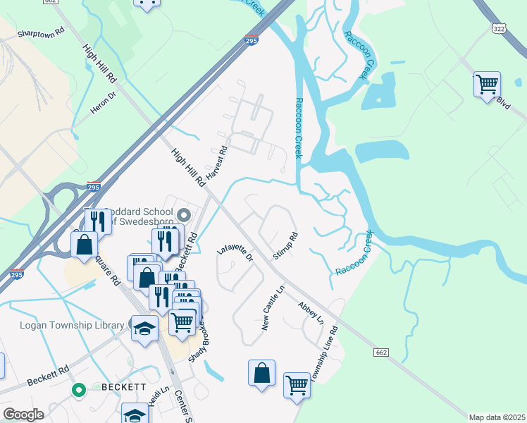 map of restaurants, bars, coffee shops, grocery stores, and more near 107 Canter Road in Logan Township