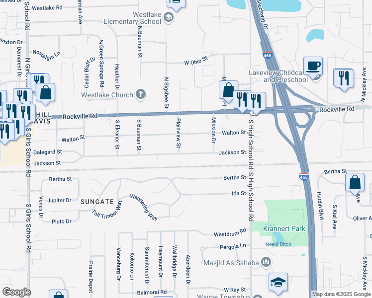 map of restaurants, bars, coffee shops, grocery stores, and more near 6470 Jackson Street in Indianapolis
