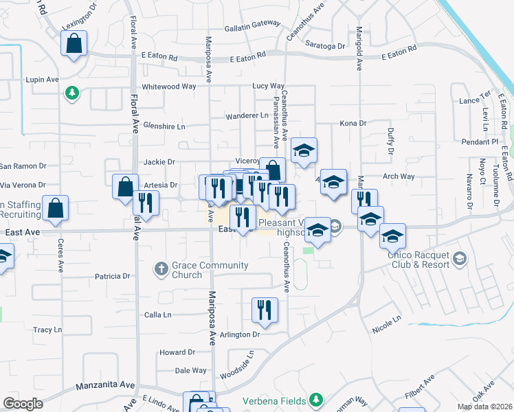 map of restaurants, bars, coffee shops, grocery stores, and more near 1380 East Avenue in Chico