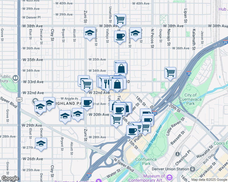 map of restaurants, bars, coffee shops, grocery stores, and more near 3215 Tejon Street in Denver