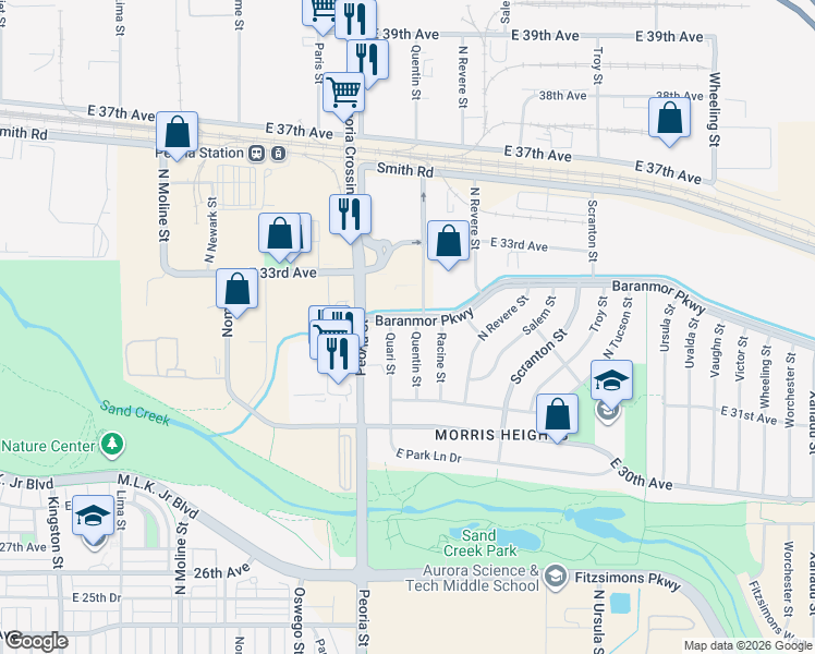 map of restaurants, bars, coffee shops, grocery stores, and more near 3180 Quari Street in Aurora