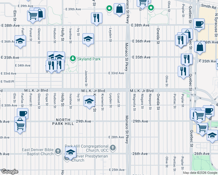 map of restaurants, bars, coffee shops, grocery stores, and more near 6207 Martin Luther King Junior Boulevard in Denver