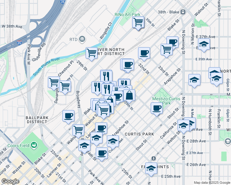 map of restaurants, bars, coffee shops, grocery stores, and more near 2851 Walnut Street in Denver