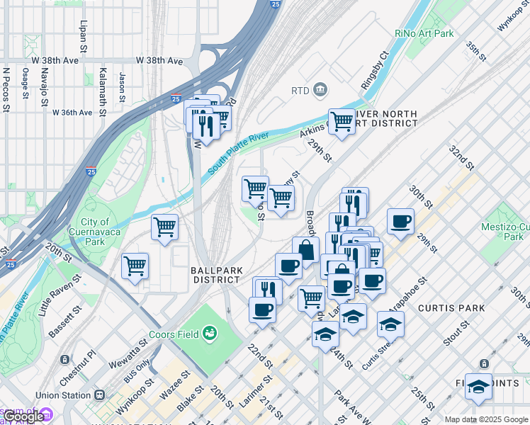map of restaurants, bars, coffee shops, grocery stores, and more near 2525 Wewatta Way in Denver