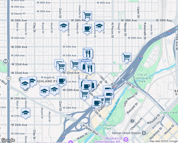 map of restaurants, bars, coffee shops, grocery stores, and more near in Denver