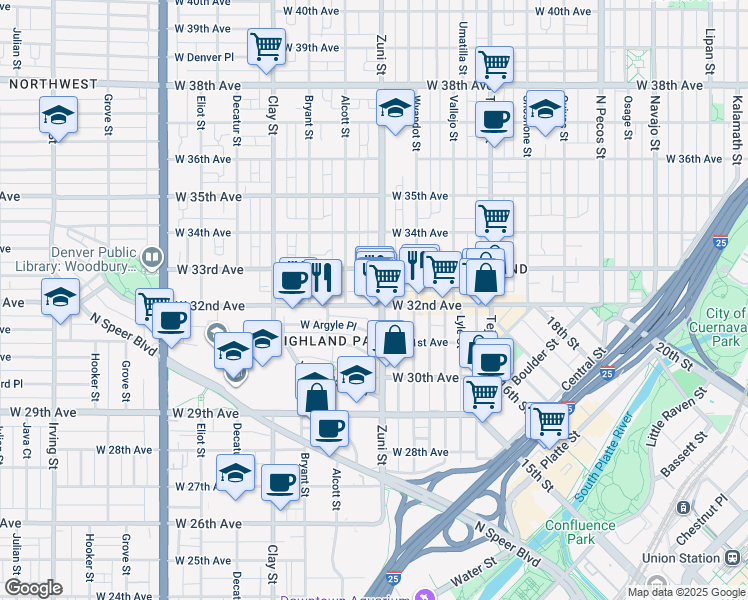 map of restaurants, bars, coffee shops, grocery stores, and more near in Denver