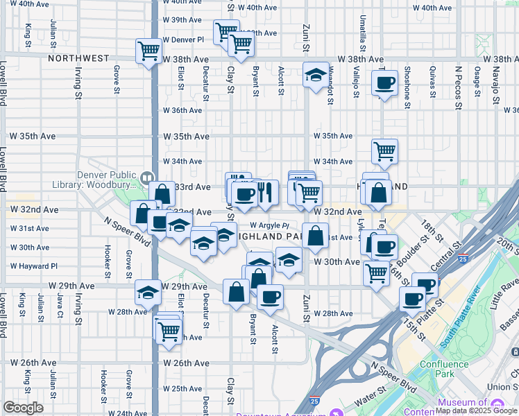 map of restaurants, bars, coffee shops, grocery stores, and more near 2620 West 32nd Avenue in Denver