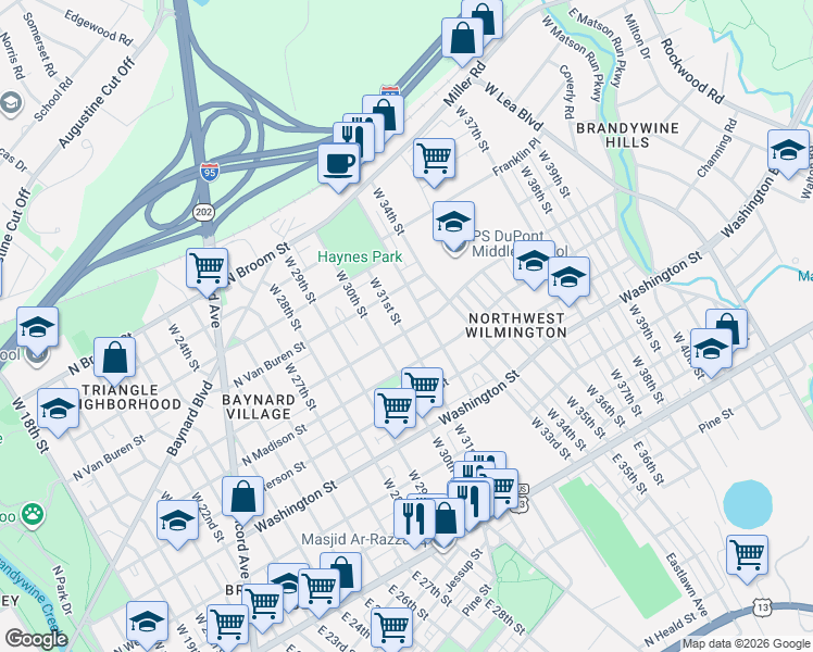 map of restaurants, bars, coffee shops, grocery stores, and more near 3011 North Monroe Street in Wilmington