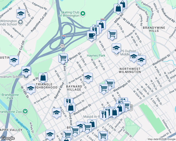 map of restaurants, bars, coffee shops, grocery stores, and more near 2801 North Van Buren Street in Wilmington