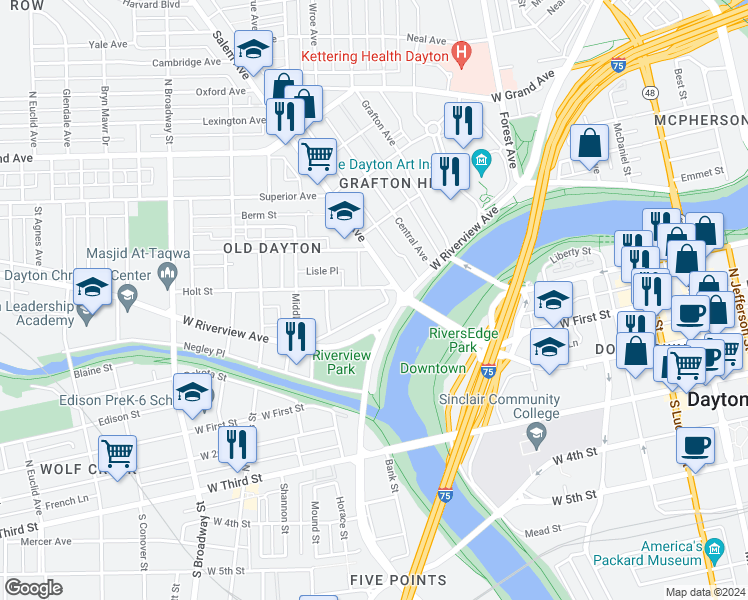 map of restaurants, bars, coffee shops, grocery stores, and more near 849 Riverview Terrace in Dayton
