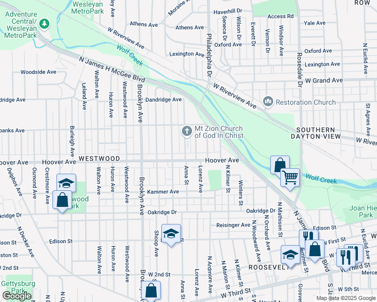 map of restaurants, bars, coffee shops, grocery stores, and more near 515 Evergreen Avenue in Dayton