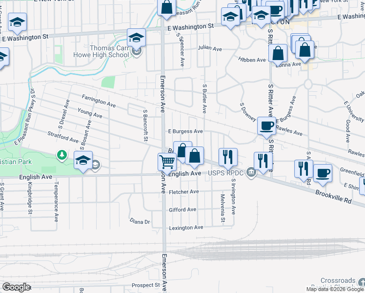 map of restaurants, bars, coffee shops, grocery stores, and more near 369 South Grand Avenue in Indianapolis