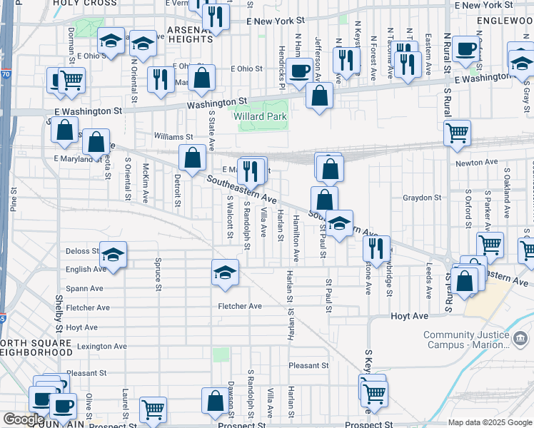 map of restaurants, bars, coffee shops, grocery stores, and more near 311 Villa Avenue in Indianapolis