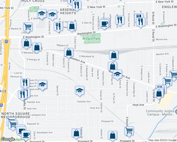 map of restaurants, bars, coffee shops, grocery stores, and more near 305 South Randolph Street in Indianapolis
