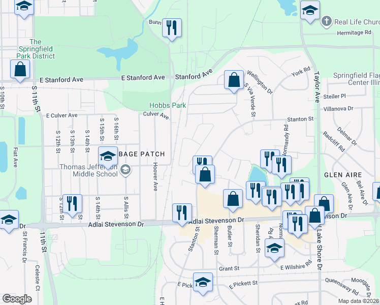 map of restaurants, bars, coffee shops, grocery stores, and more near in Springfield