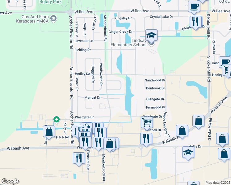 map of restaurants, bars, coffee shops, grocery stores, and more near 3913 Marryat Drive in Springfield
