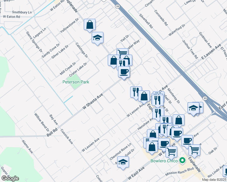 map of restaurants, bars, coffee shops, grocery stores, and more near 41 Brookvine Circle in Chico