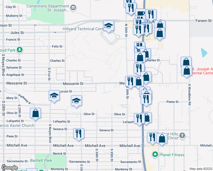map of restaurants, bars, coffee shops, grocery stores, and more near 3424 Messanie Street in Saint Joseph
