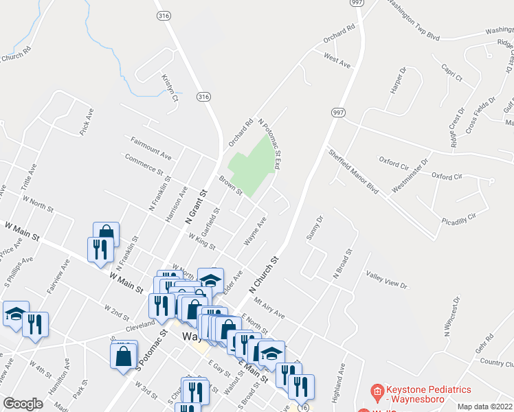 map of restaurants, bars, coffee shops, grocery stores, and more near 253 Wayne Avenue in Waynesboro