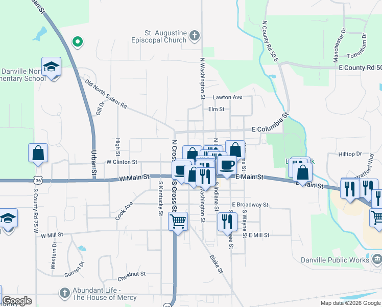 map of restaurants, bars, coffee shops, grocery stores, and more near 106 North Washington Street in Danville