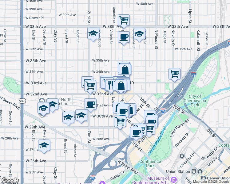 map of restaurants, bars, coffee shops, grocery stores, and more near 2115 West 32nd Avenue in Denver