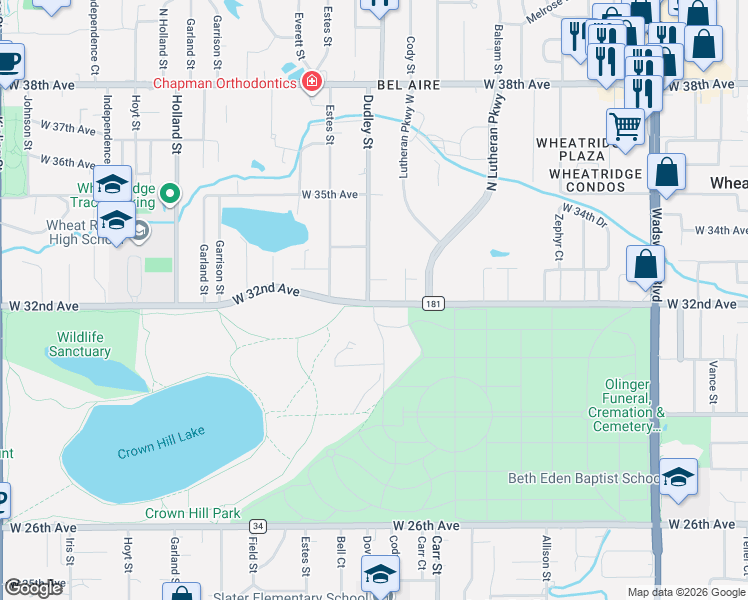 map of restaurants, bars, coffee shops, grocery stores, and more near 8558 West 32nd Avenue in Wheat Ridge
