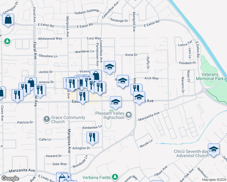map of restaurants, bars, coffee shops, grocery stores, and more near 2514 Valhalla Place in Chico