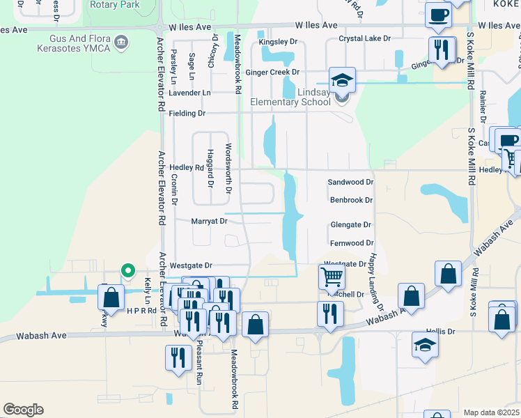 map of restaurants, bars, coffee shops, grocery stores, and more near 3913 Marryat Drive in Springfield