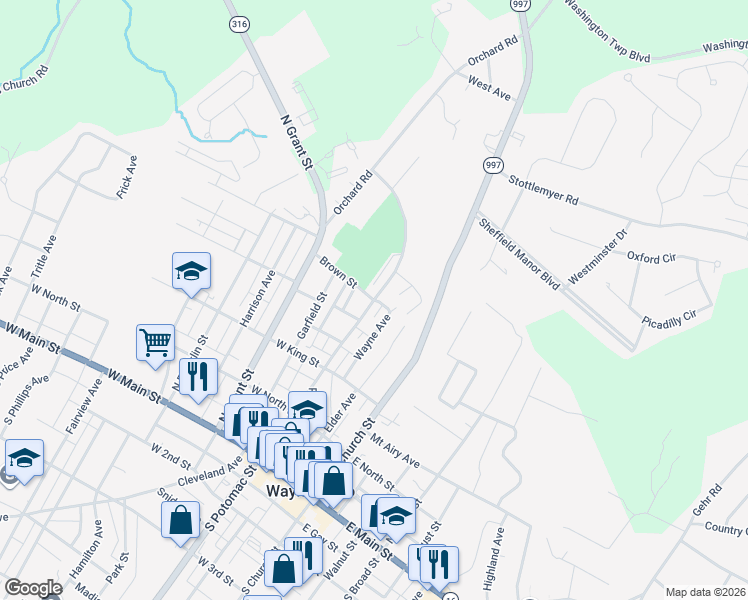 map of restaurants, bars, coffee shops, grocery stores, and more near 1 Brown Street in Waynesboro