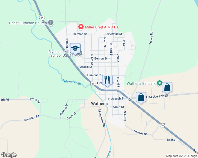 map of restaurants, bars, coffee shops, grocery stores, and more near 308 North Fifth Street in Wathena