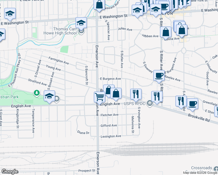 map of restaurants, bars, coffee shops, grocery stores, and more near 369 South Grand Avenue in Indianapolis