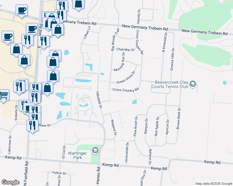 map of restaurants, bars, coffee shops, grocery stores, and more near 2502 Cross Country Road in Dayton