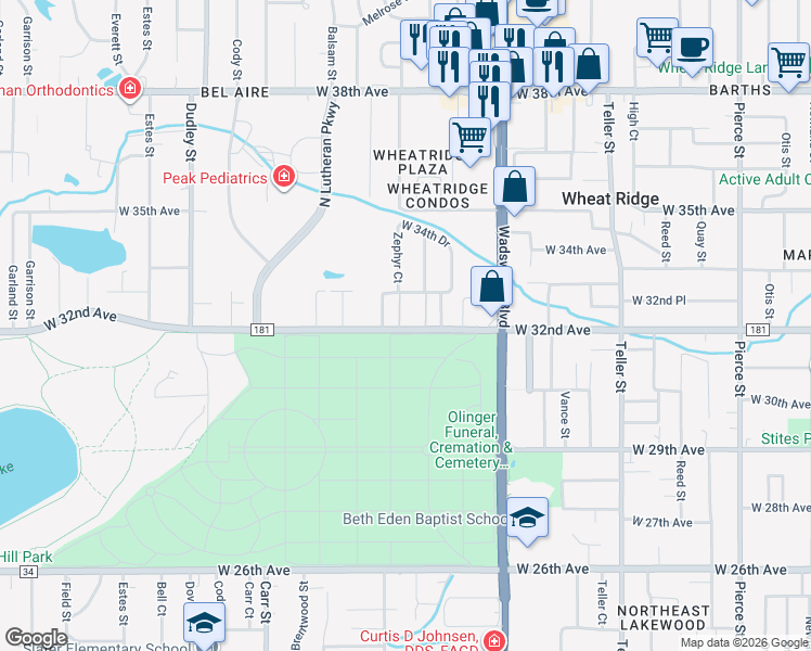 map of restaurants, bars, coffee shops, grocery stores, and more near 3210 Zephyr Court in Wheat Ridge