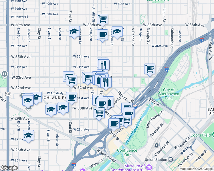 map of restaurants, bars, coffee shops, grocery stores, and more near in Denver