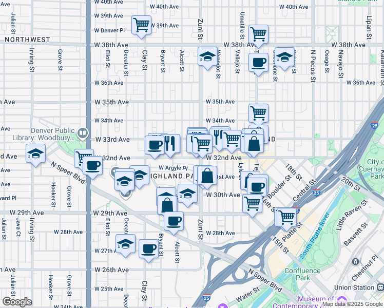 map of restaurants, bars, coffee shops, grocery stores, and more near 2418 West 32nd Avenue in Denver