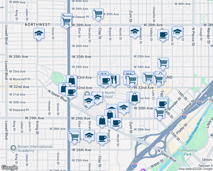 map of restaurants, bars, coffee shops, grocery stores, and more near 2620 West 32nd Avenue in Denver