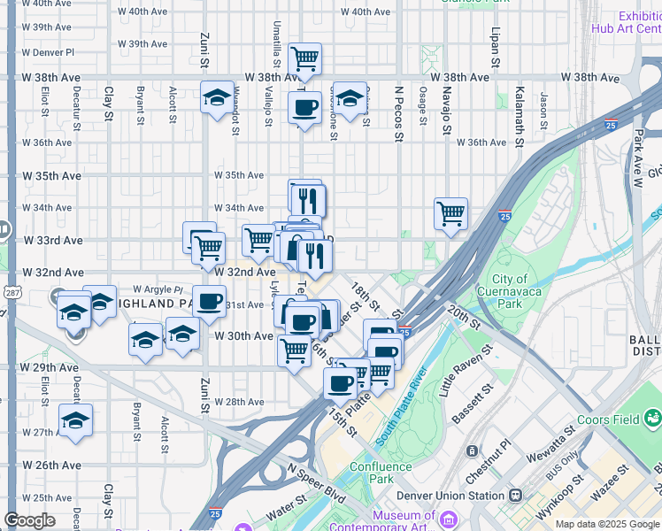 map of restaurants, bars, coffee shops, grocery stores, and more near 1932 West 32nd Avenue in Denver