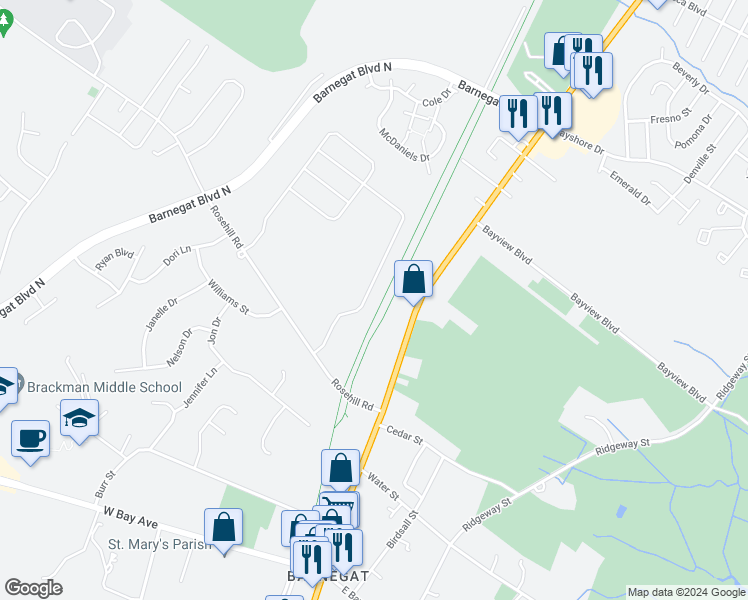 map of restaurants, bars, coffee shops, grocery stores, and more near 295 Hawthorne Lane in Barnegat Township