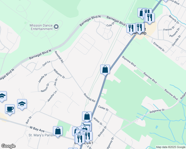 map of restaurants, bars, coffee shops, grocery stores, and more near 298 Hawthorne Lane in Barnegat Township
