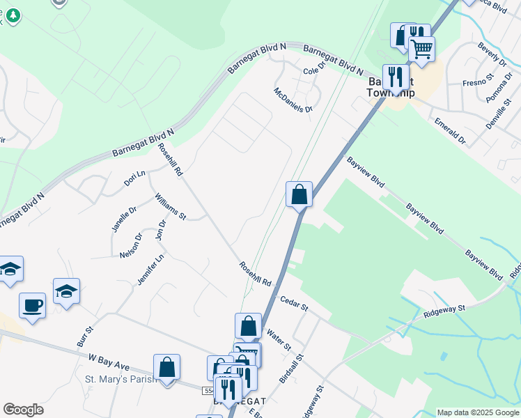 map of restaurants, bars, coffee shops, grocery stores, and more near 300 Hawthorne Lane in Barnegat Township